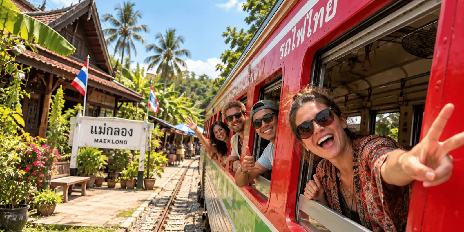 Passengers beside a red train at Mae Klong station