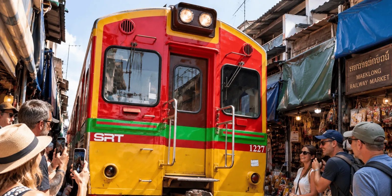 Red and yellow train close to the market stalls